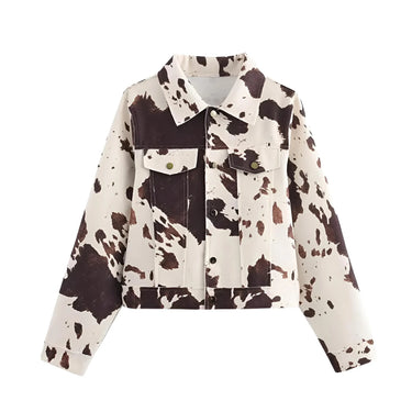 Women's Cowhide Print Jacket Retro Lapel Long Sleeve Elegant Women's Jacket, Drestiny, Jackets, S, M, L, Beige, Brown, Dark Brown, United States, USA, Canada, Australia, New Zealand, United Kingdom, UK, Cow print jacket, cow print denim jacket, Western cowhide jacket, shopdrestiny.com